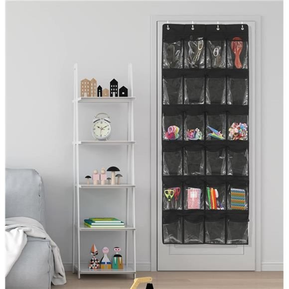 24 Pockets Crystal Clear Over The Door Hanging Shoe Organizer Black 64'' x 19'' - Picture 4 of 7